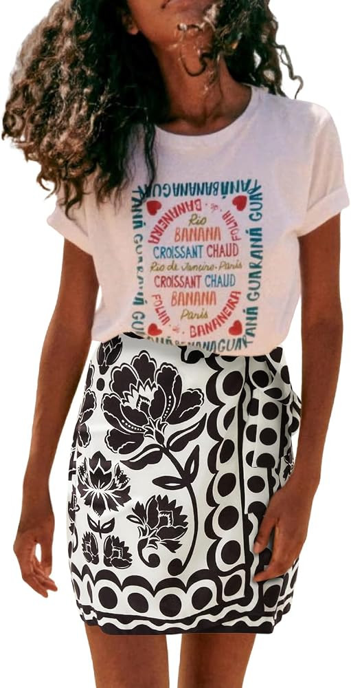 Womens Summer Floral Wrap Short Skirt Tie Side High Waist A Line Beach Vacation Boho Mini Skirt | Amazon (US)