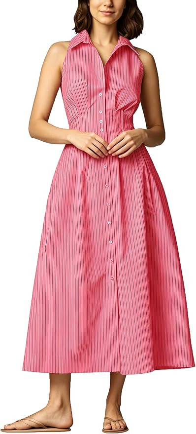 Lauweion Womens Button Down Striped Shirt Maxi Dress Slim Fitted Cinched Waist Summer Sleeveless ... | Amazon (US)