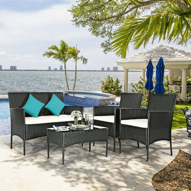 Costway 4 PC Outdoor Rattan Furniture Set Loveseat Sofa Cushioned Patio Garden Steel | Walmart (US)