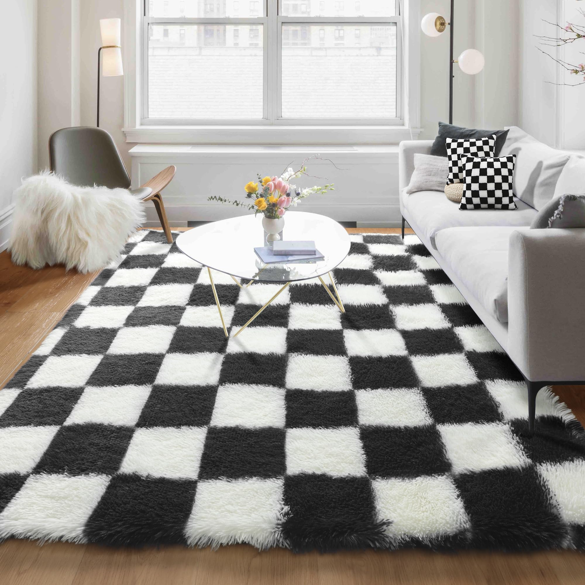 KICMOR Rugs for Living Room, 5x8 Area Rug Black and White Fluffy Shag Soft Checkered Rug Large Fu... | Amazon (US)