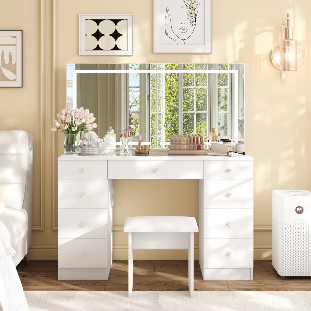 Mercer41 47"W Glass Top Vanity Set With LED Mirror & Power Outlets, 9 Drawers With Diamond Handle... | Wayfair North America