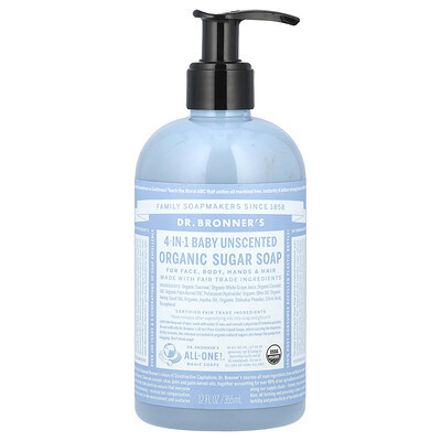 Dr. Bronner's, 4-in-1 Organic Sugar Soap, For Face, Body, Hands & Hair, Baby Unscented, 12 fl oz (355 ml) | iHerb