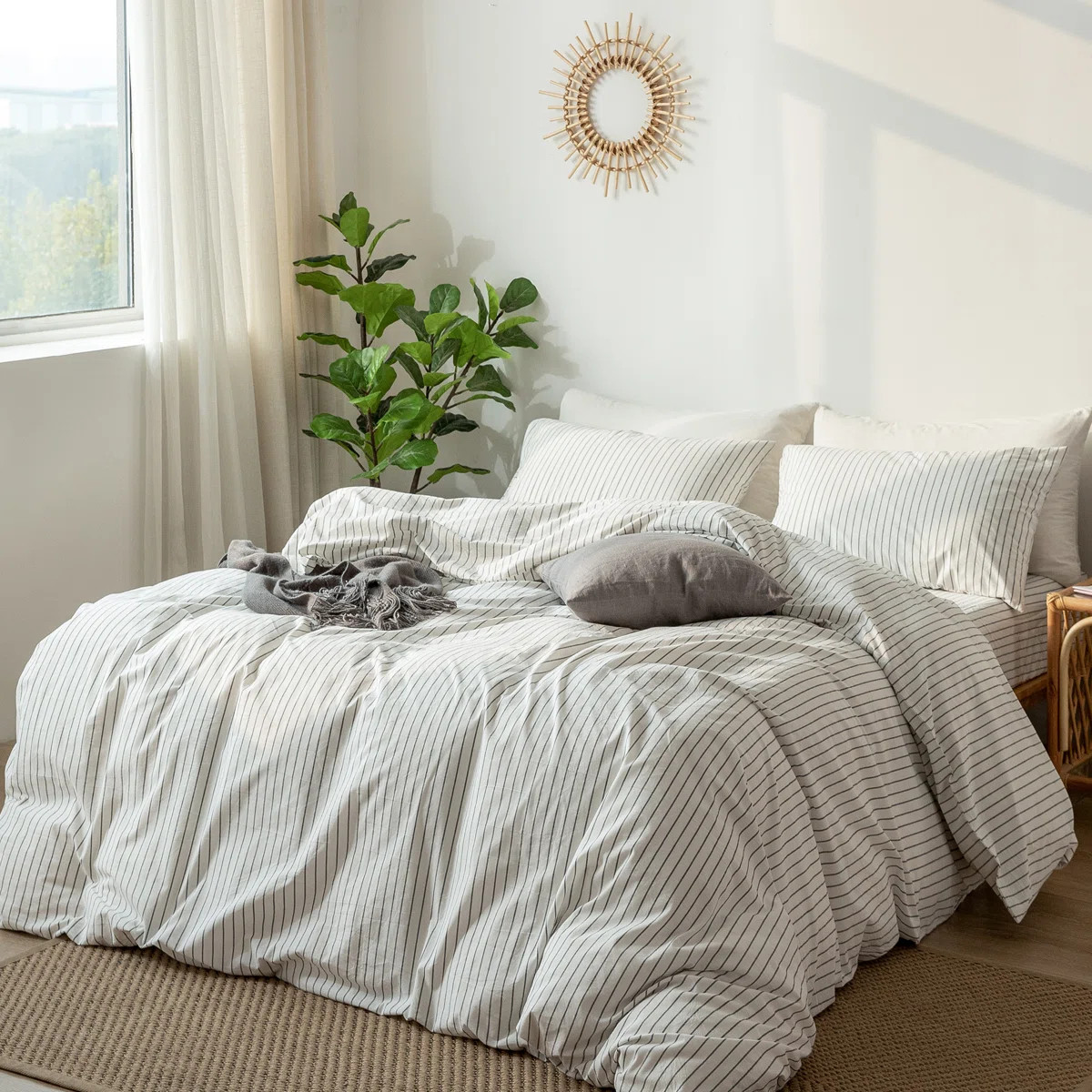 MooMee Striped Duvet Cover Set 100% Washed Cotton Linen Like Textured | Wayfair North America
