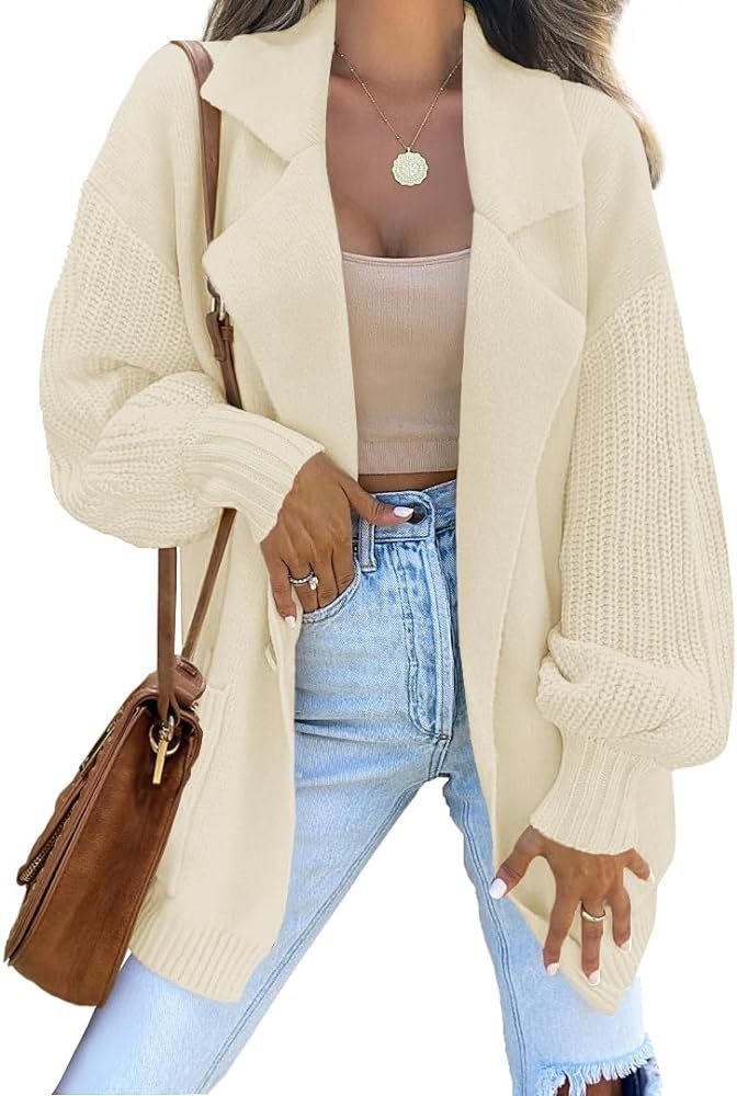 ZESICA Women's Long Sleeve Open Front Lapel Oversized Knit Cardigan Sweater Coat Outerwear with P... | Amazon (US)