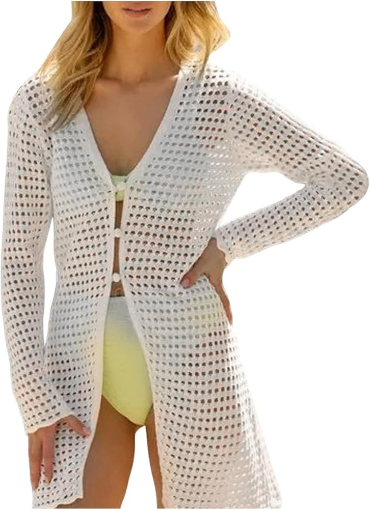 QerMiosap Womens Swimsuit Cover Up Hollow Out Swim Beach Cover Up Cardigan Sexy Bikini Coverups K... | Amazon (US)