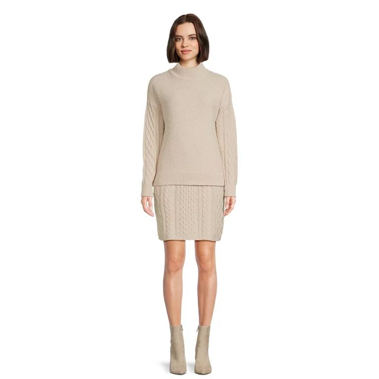 Time and Tru Women's Mock Neck Cable Knit Sweater and Skirt Set, 2-Piece, Sizes XS-XXXL | Walmart (US)