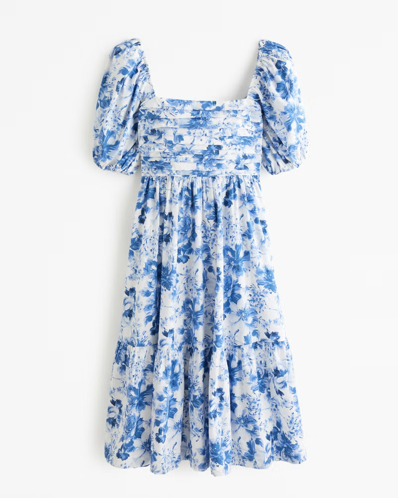 Abercrombie & Fitch Women's The A&F Emerson Poplin Puff Sleeve Midi Dress in Blue Floral - Size S | Abercrombie & Fitch (US)