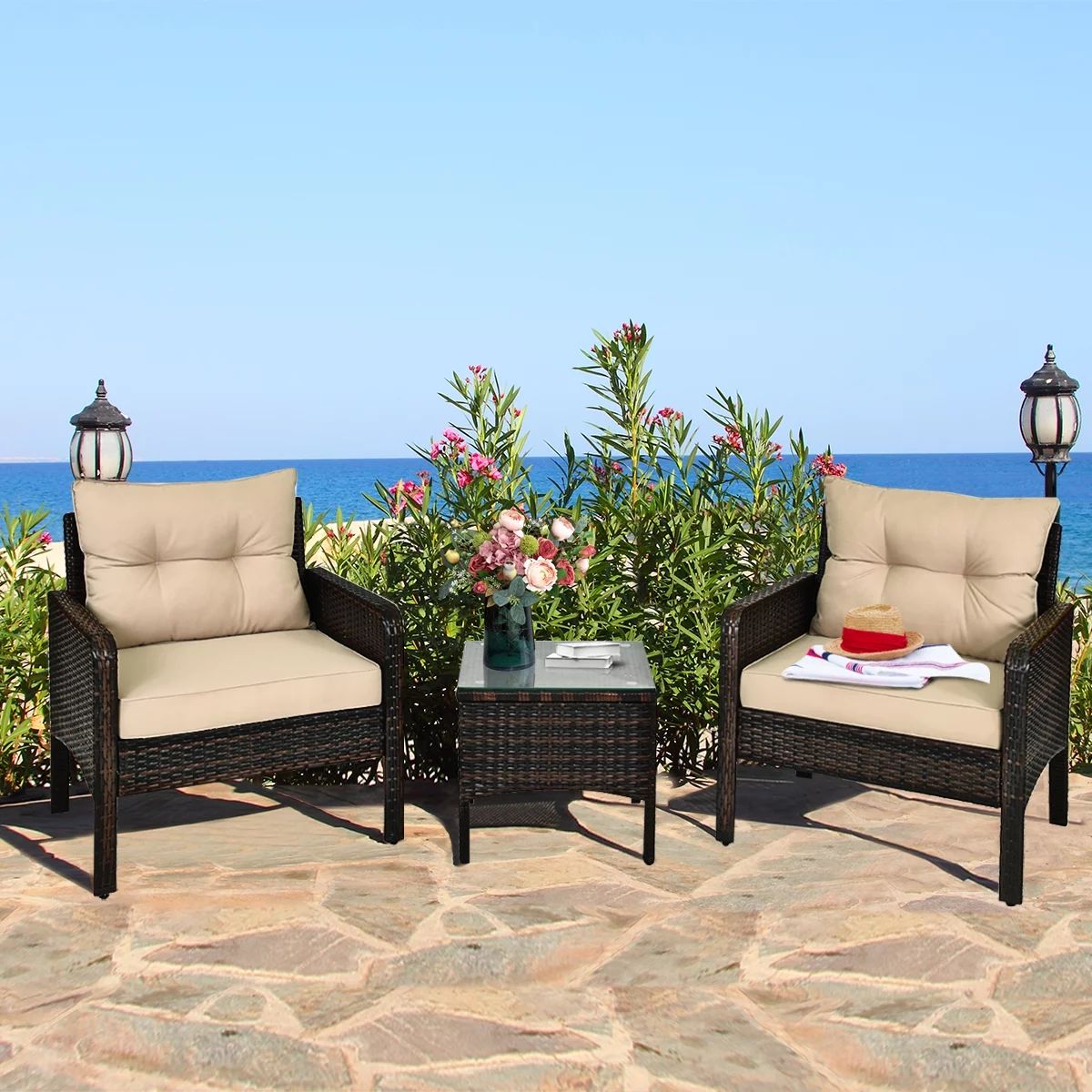 Gymax 3PCS Patio Outdoor Rattan Furniture Set Brown w/ Cushioned Chairs Coffee Table - Walmart.co... | Walmart (US)