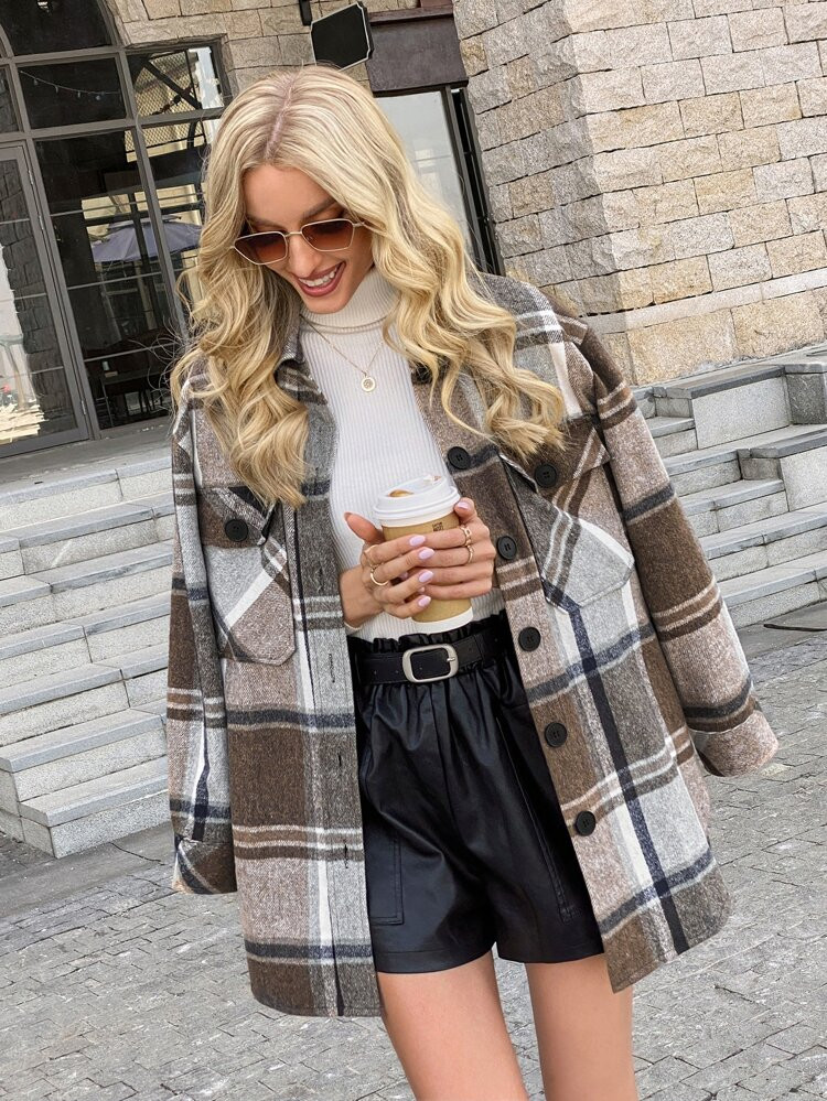 Button Up Curved Hem Plaid Overcoat | SHEIN