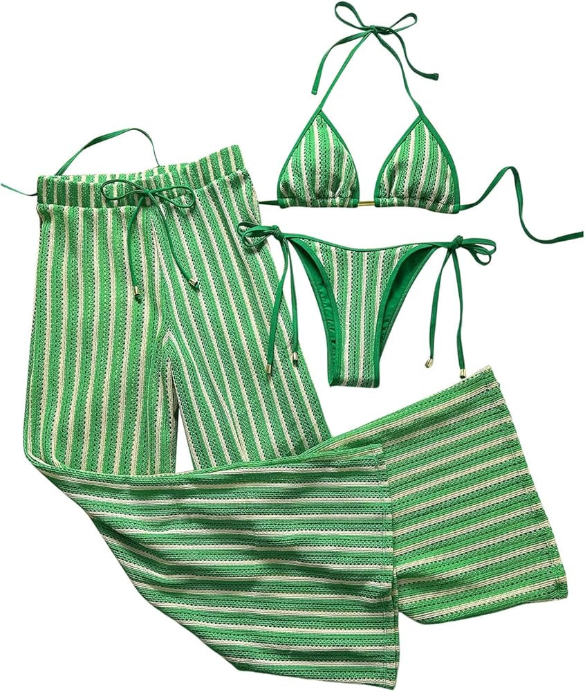 Verdusa Women's 3 Piece Cheeky Striped Crochet Bikini Set Halter Tie Side Swimsuits with Cover Up... | Amazon (US)
