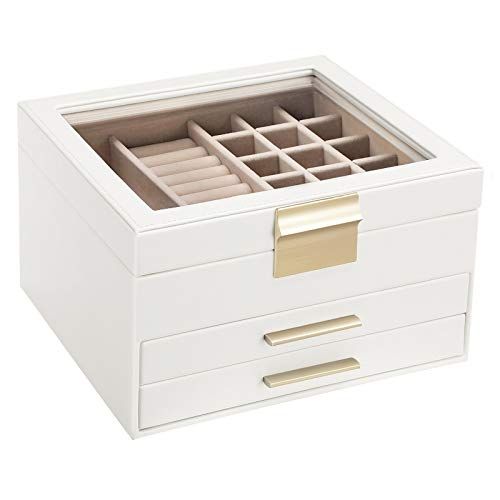 SONGMICS Jewelry Box with Glass Lid, 3-Layer Jewelry Organizer with 2 Drawers, for Loved Ones, White | Amazon (US)