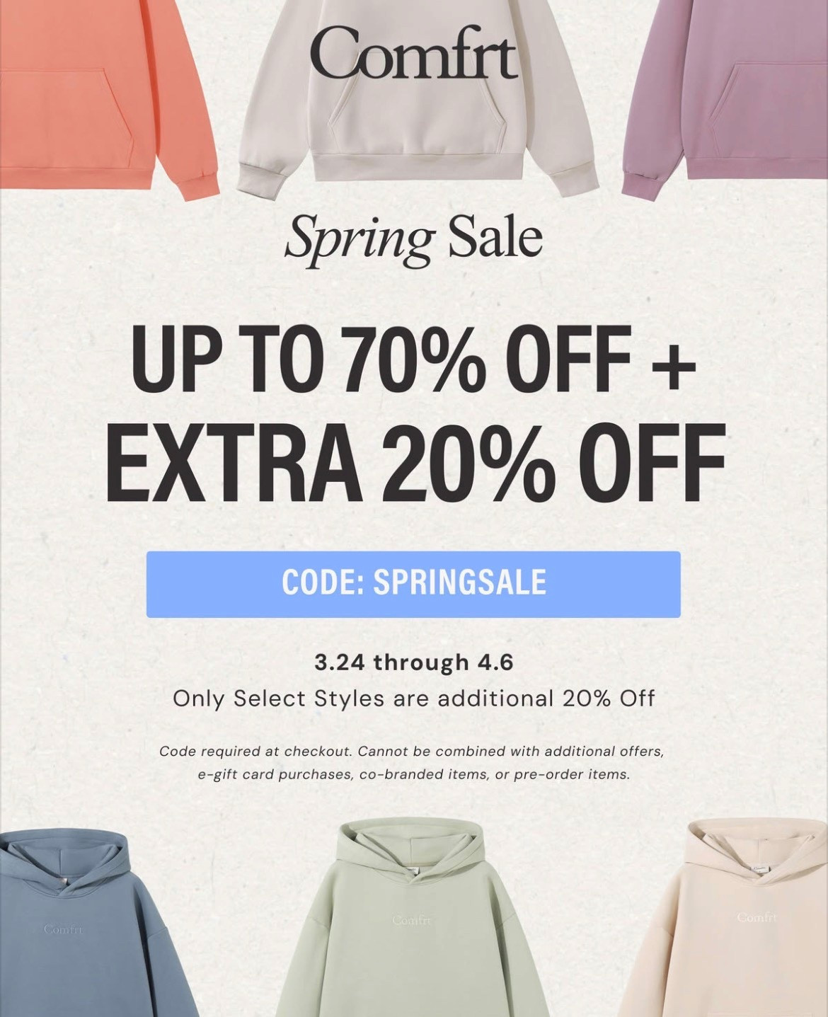 Spring COMFRT sale is almost over!! 🌸🌷 Up to 70% off + extra 20% savings with SPRINGSALE at checkout! 

Click banner at the top of the page and it works on all items. Free Shipping with 2+ items also! 🎉

#LTKSaleAlert #LTKActive #LTKootd