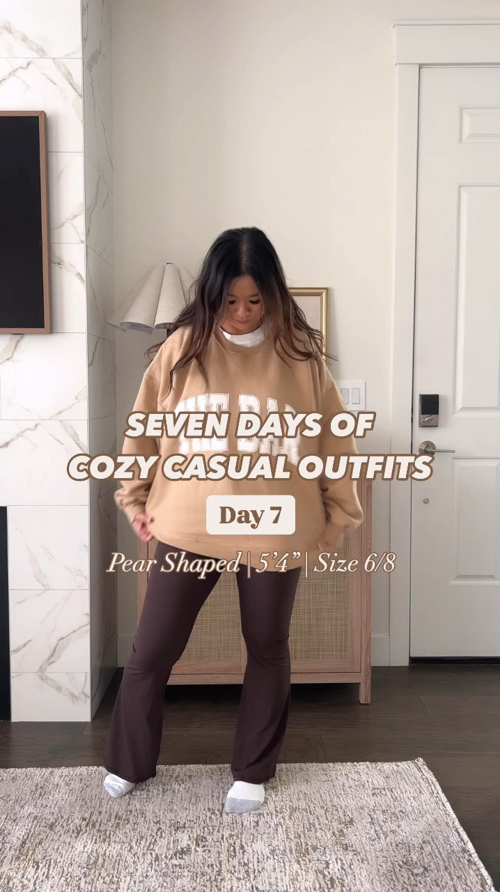 Cozy Casual Outfit
Tee: Medium
The Bar Sweatshirt: XL
Flare Leggings: Small 32" 
Fleece Vest: Medium 
Platform Clogs: TTS 