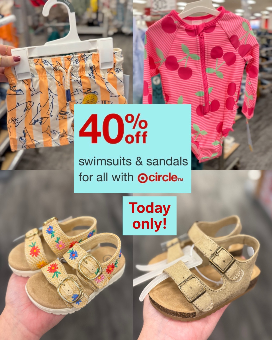 Today only 40% off swimwear & sandals! 

#targetdeals #targetstyle #targetsale #toddlersandals #toddlerswimwear

#LTKSeasonal #LTKmomlife #LTKKids