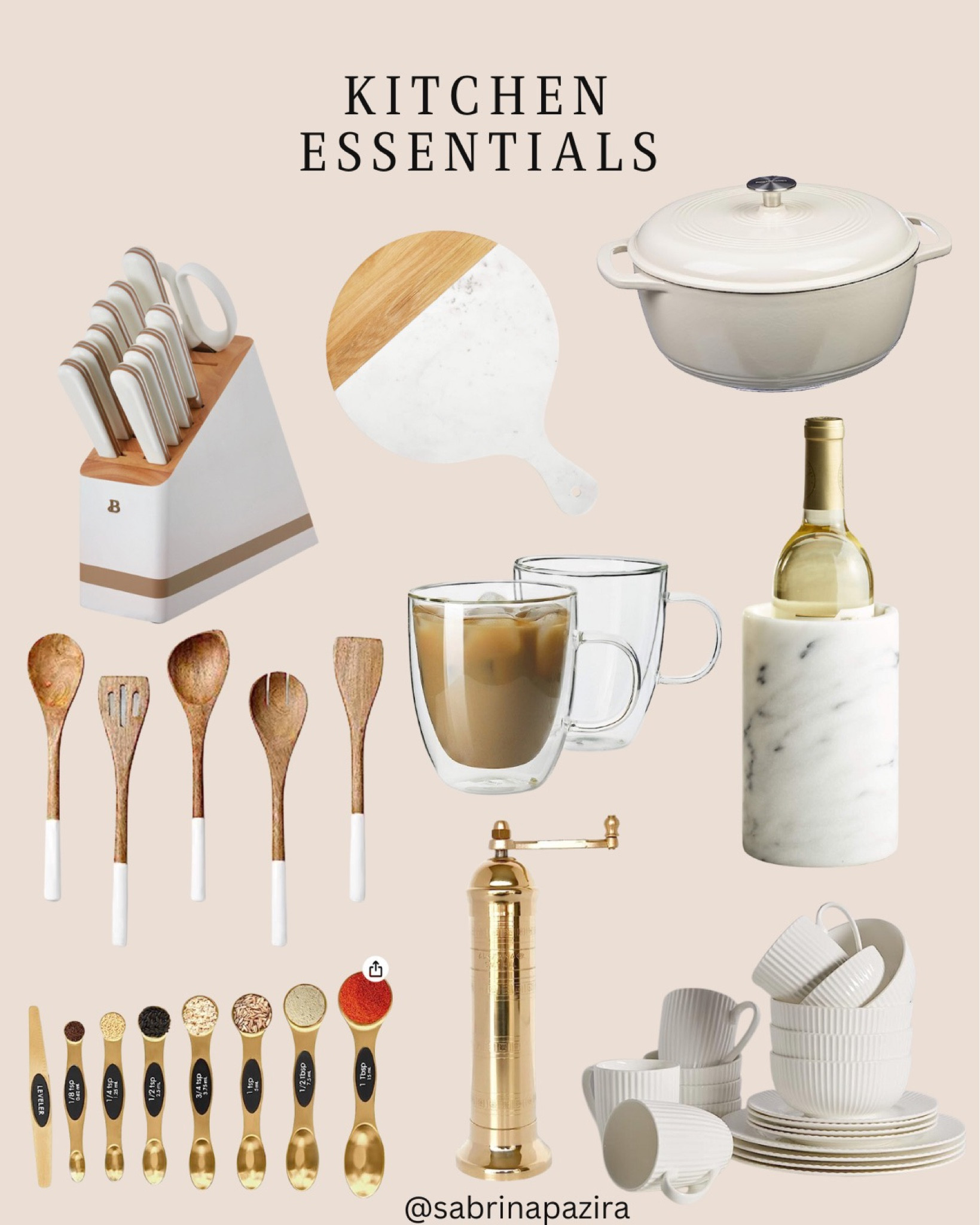 Kitchen utensils, knife set, pan; charcuterie board, cutting board, clear mugs, wooden utensils, wine chiller, measuring spoons, pepper mill, dishes, neutrals

#LTKunder100 #LTKSeasonal #LTKhome