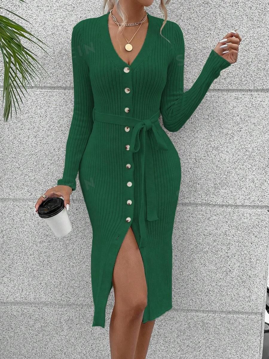 SHEIN Essnce Button Up Belted Sweater Dress | SHEIN