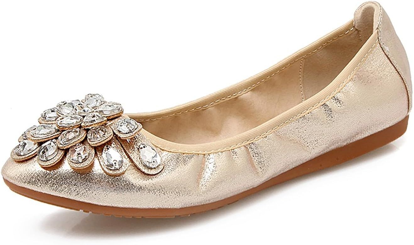 Womens Foldable Soft Pointed Toe Ballet Flats Rhinestone Comfort Slip on Flat Shoes | Amazon (US)