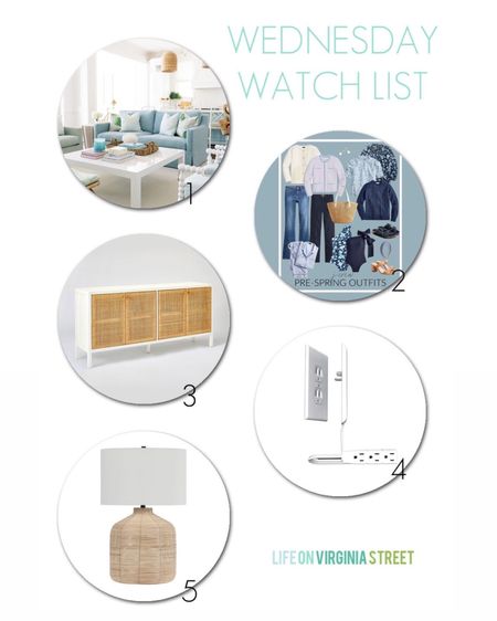 This weeks Wednesday Watch List includes some cute pre-spring outfits form J Crew, an affordable rattan cabinet, an outlet cover to push furniture against the wall, and a look for less oversized rattan lamp that is finally back in stock! Get all the details here: https://lifeonvirginiastreet.com/wednesday-watch-list-397/.
.
#ltkhome #ltksalealert #ltkunder50 #ltkunder100 #ltkstyletip #ltkswim #ltkseasonal #ltkfind

#LTKsalealert #LTKhome #LTKSeasonal