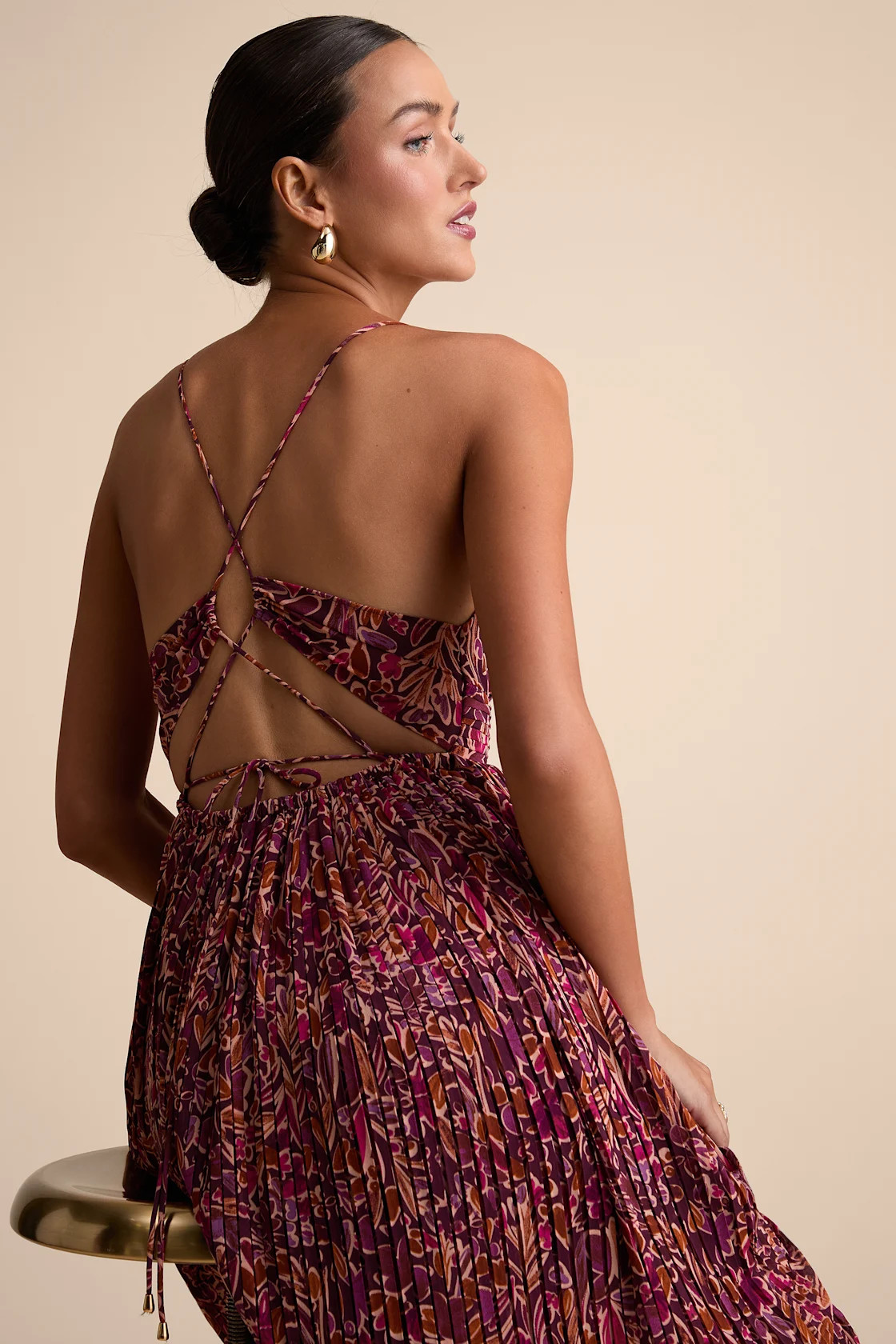 Kit Plum Multi Floral Pleated Lace-Up Maxi Dress | Lulus