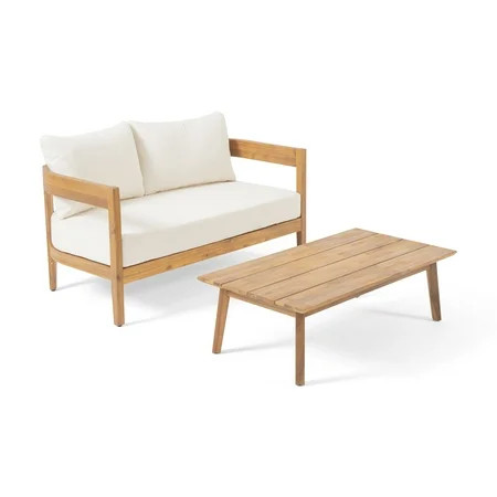 Deandre Outdoor Acacia Wood Loveseat Set with Coffee Table Teak Beige | Walmart (US)