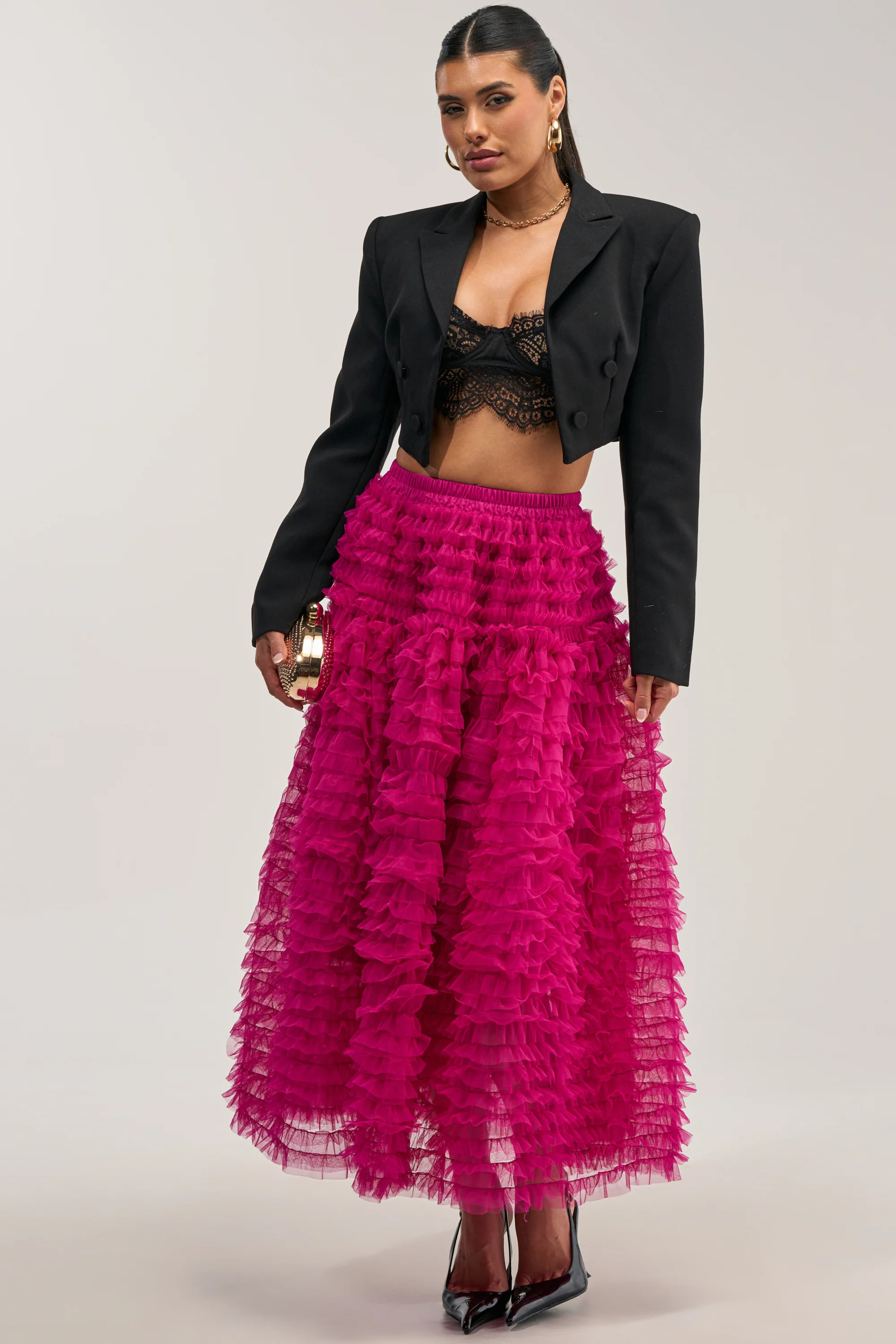 Fuchsia Tulle Ruffle Maxi Skirt | AKIRA | AKIRA