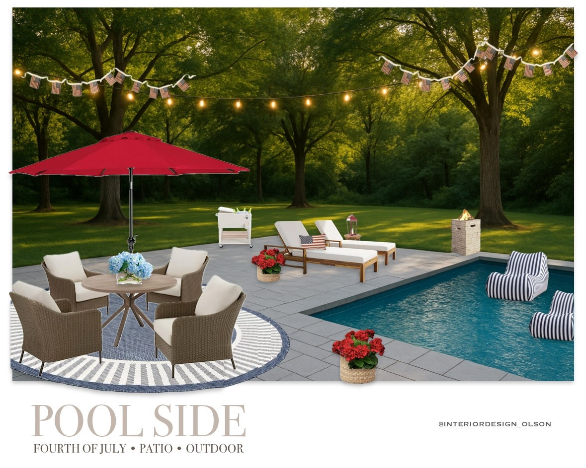Fourth of July Poolside Vibes 🇺🇸☀️ | Outdoor Furniture + Festive Decor
Celebrate in style with this patriotic outdoor setup—perfect for hosting by the pool! Featuring cozy seating, red, white & blue accents, and affordable summer decor from Amazon, Target & more.

🎆 Family-friendly + functional
🪑 Weather-resistant furniture
🍉 Perfect for backyard BBQs + summer parties

Shop everything to recreate this Fourth of July look!

#LTKsummer #LTKhome #FourthOfJulyDecor #poolsidevibes #outdoorliving #backyardinspo #summerentertaining #redwhiteandblue #budgetfriendlyfinds #patrioticdecor