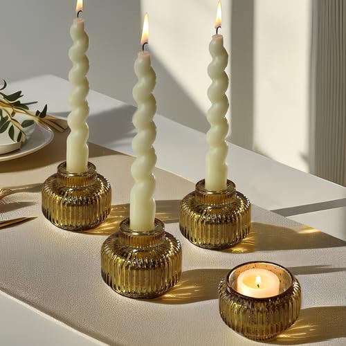 Kate Aspen Taper Candle Holders for Candlesticks, Ribbed Glass Gold Candle Holders Set of 4, Retro Candlestick Stand Decor, Votive Candle Holder Decor Accents for Holiday & Home Decoration Styling | Amazon (US)