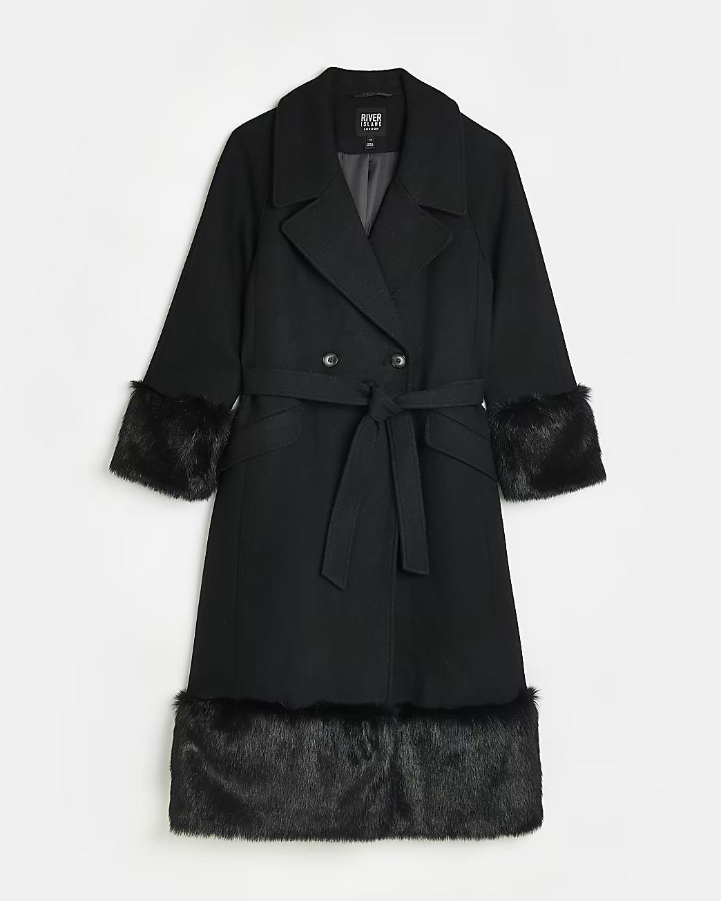 Black faux fur trim longline coat | River Island (UK & IE)