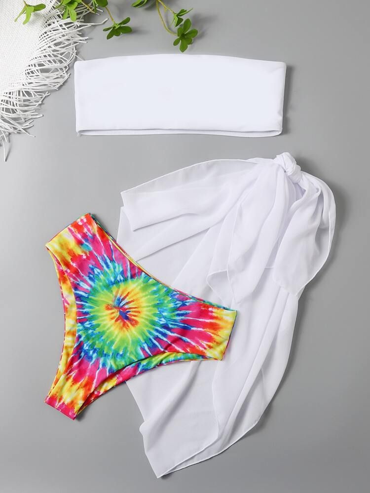 3pack Tie Dye Bikini Swimsuit & Beach Skirt | SHEIN
