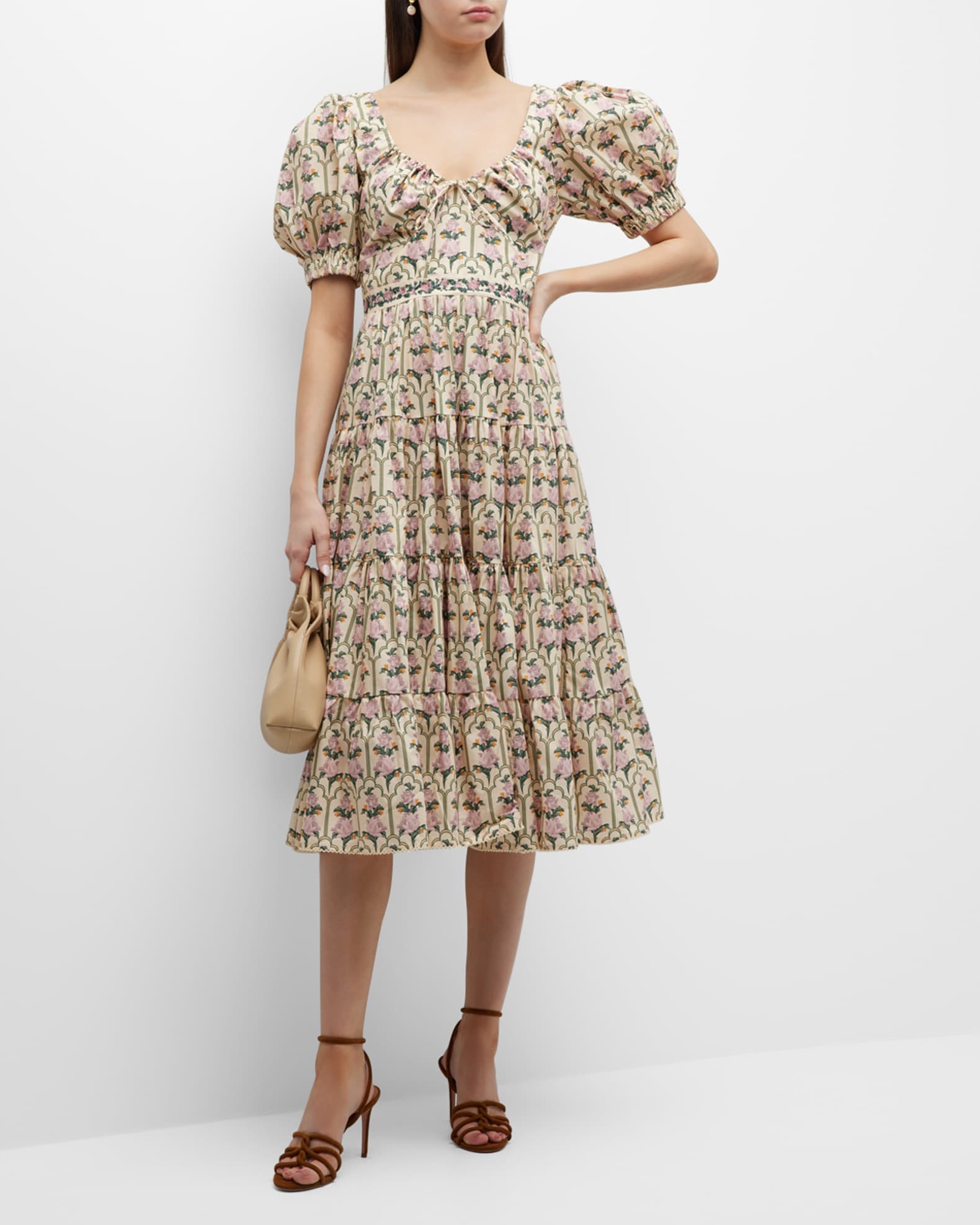 Palmera Puff-Sleeve Floral Poplin Midi Dress | Neiman Marcus