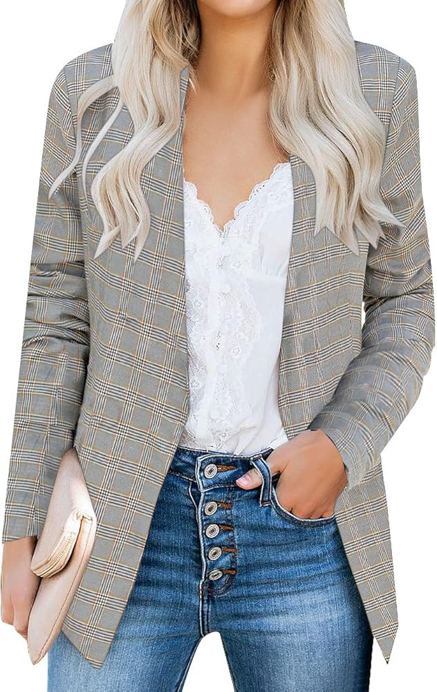 Vetinee Women's Open Front Pocket Blazer Long Sleeve Work Office Cardigan Jacket | Amazon (US)