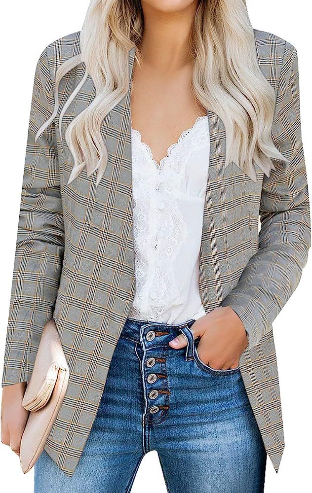 Vetinee Women's Open Front Pocket Blazer Long Sleeve Work Office Cardigan Jacket | Amazon (US)