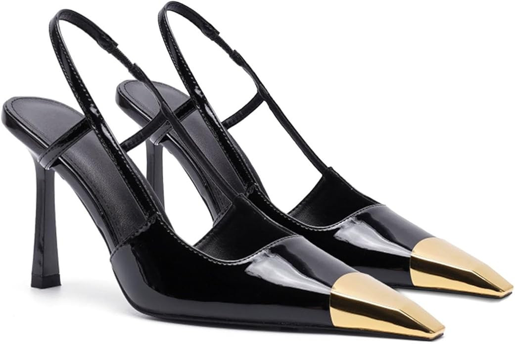 THESHY Womens Slingback High Heels Metal Pointed Toe Leather High Stiletto Heel Pumps Slip on Ela... | Amazon (US)