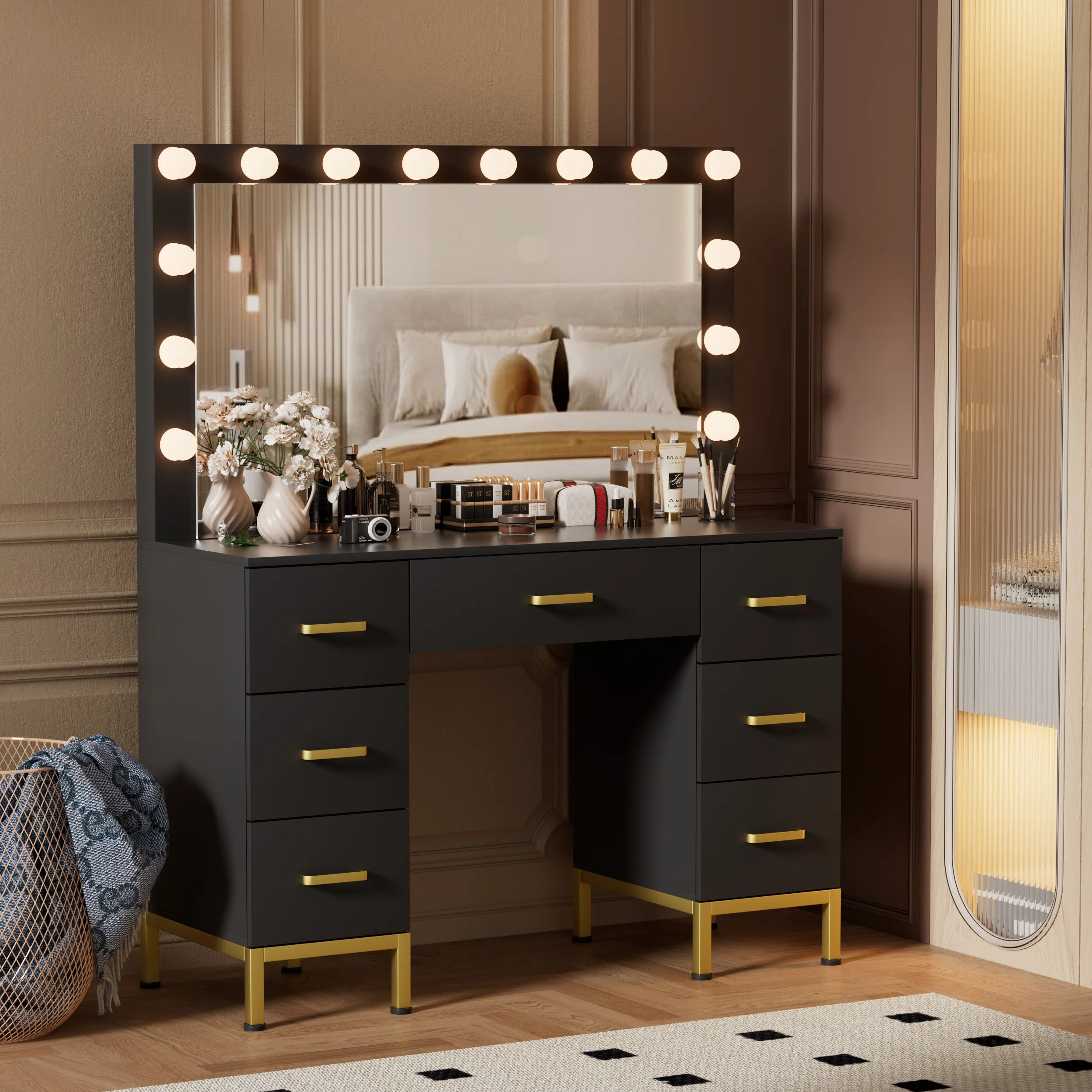 Brayden Studio® Azmira 43.3'' Large Makeup Vanity, Vanity Set with Lighted Mirror & Reviews | Wa... | Wayfair North America