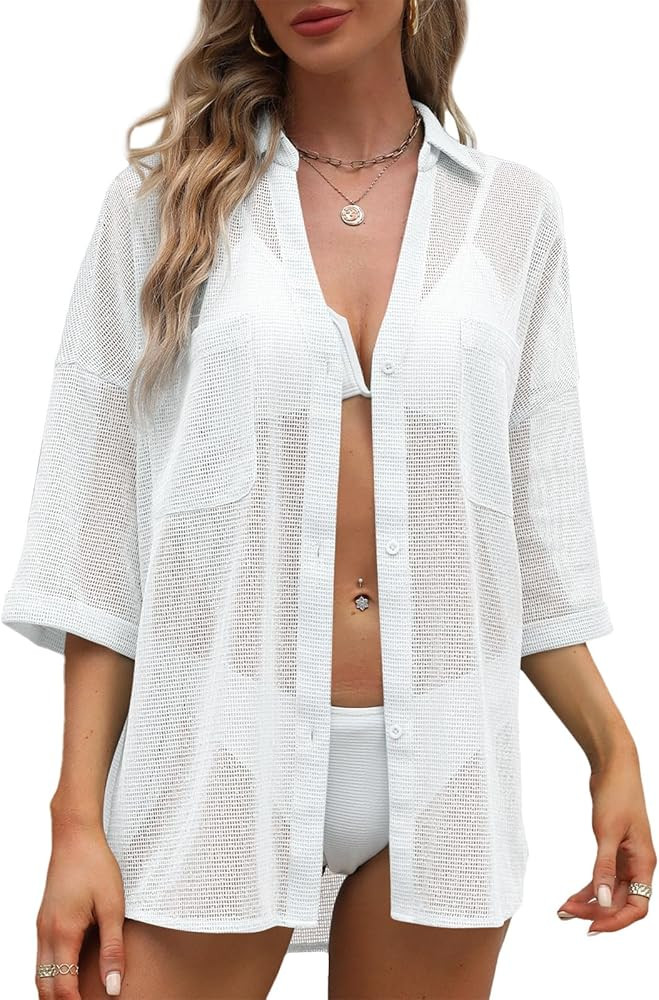 LILLUSORY Women's White Cover Up Shirt White Oversized Shirt Outfit White Button Down Shirt Outfit | Amazon (US)
