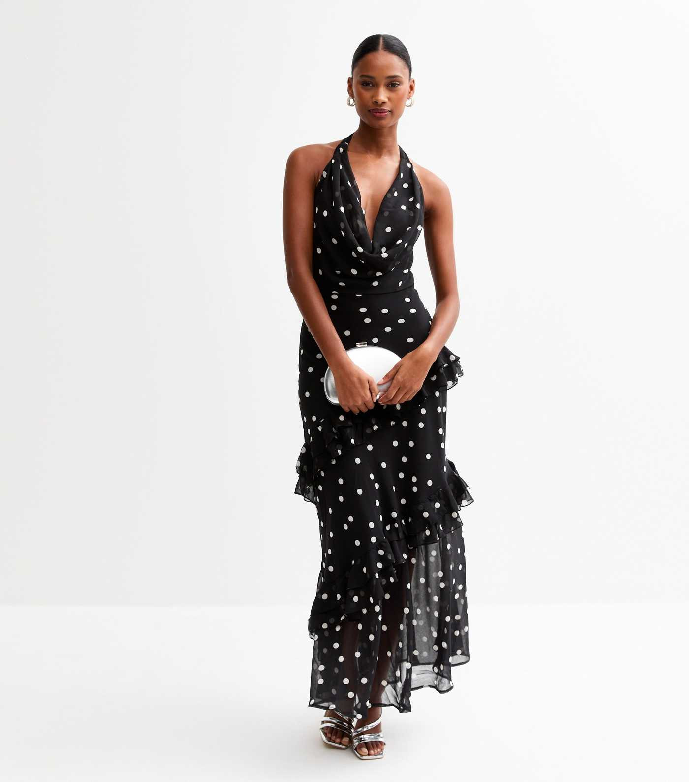 Black Polka Dot Cowl Neck Chiffon Maxi Dress | New Look | New Look (UK)