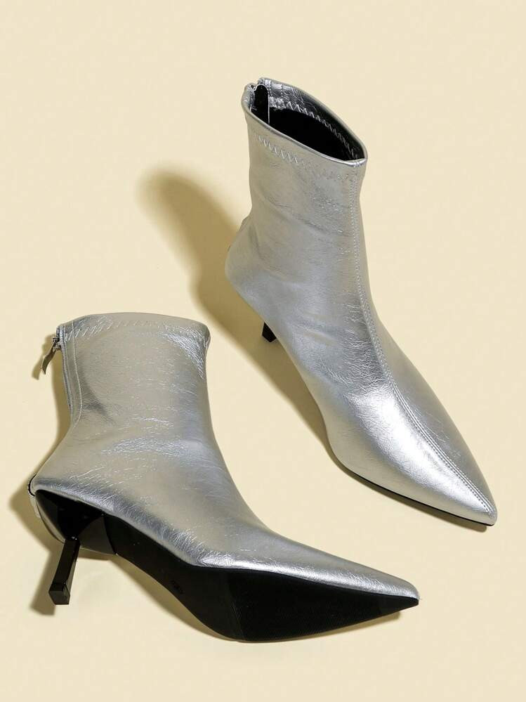 Women's Silver Patent Leather Ankle Boots & Booties, 7cm High Heels, Elastic Slim Shaft Comfortab... | SHEIN