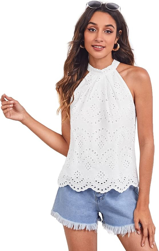 Romwe Women's Boho Sleeveless Tie Knot Back Halter Tops Scallop Cut Schiffy Blouse | Amazon (US)