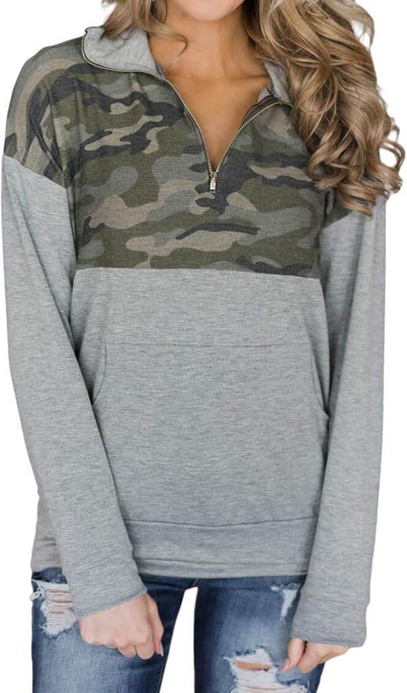 AlvaQ Women Quarter Zip Color Block Pullover Sweatshirt Tops with Pockets(S-XXL) | Amazon (US)