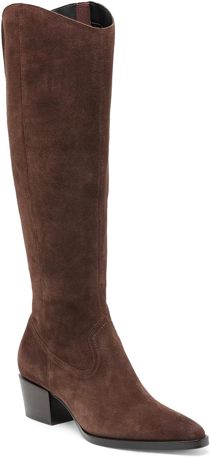 Coutgo Women Knee High Boots Wide Calf Chunky Heel Pointed Toe Zip Boots | Amazon (US)