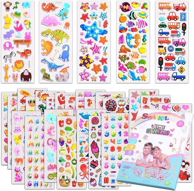 Kids Stickers 1000+, 40 Different Sheets, 3D Puffy Stickers for Kids, Bulk Stickers for Girl Boy ... | Amazon (US)