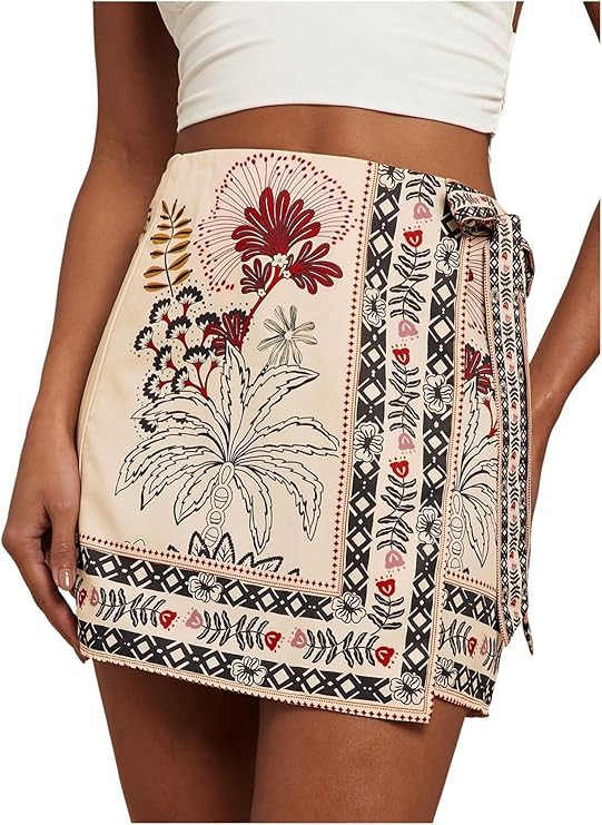 Women\u2019s Summer Boho Skirts Floral Print Tie Knot Wrap Skirt Cute Tropical Ocean Graphic Mini... | Amazon (US)