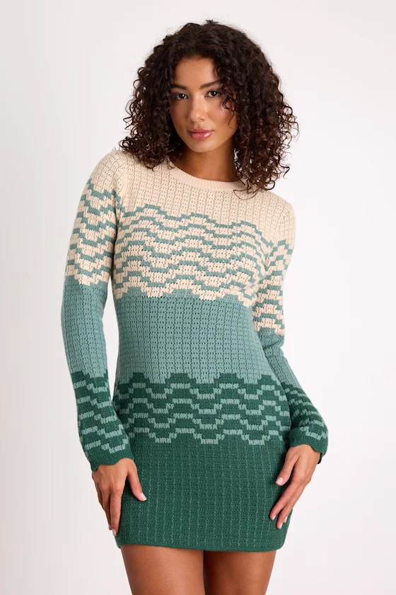 Amabel Dark Green and Beige Color Block Sweater Mini Dress | Lulus
