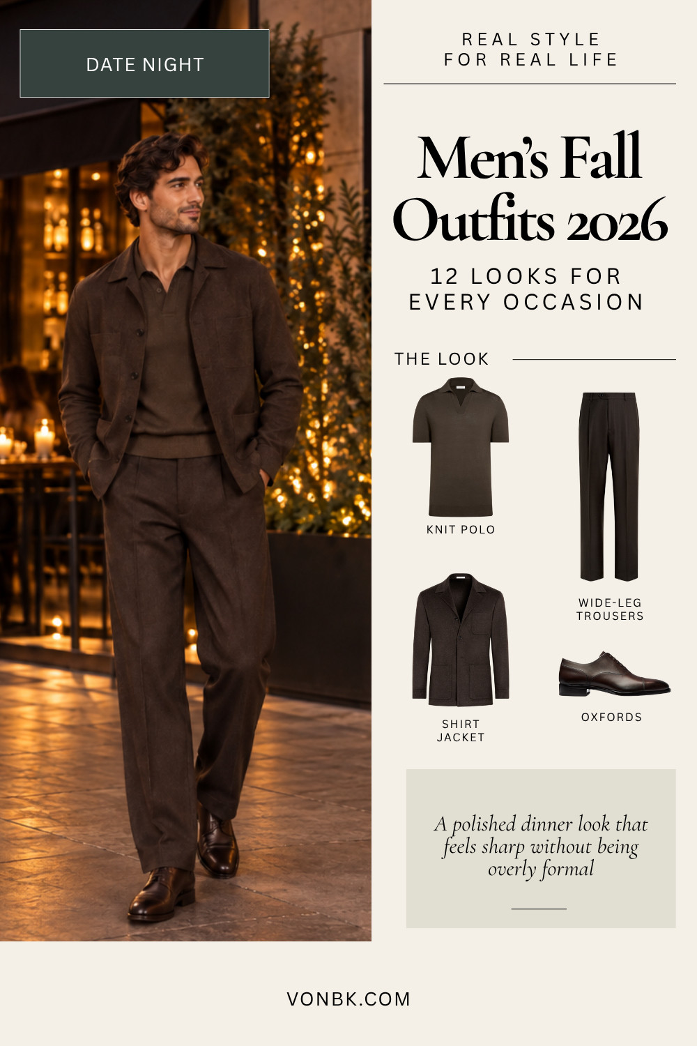 A polished fall outfit for dinner or date night without feeling overly formal. A knit polo with wide-leg trousers, a structured shirt jacket and brown leather oxfords gives you that dressed-up fall menswear look while still feeling modern and wearable.

This tonal brown combination is also an easy way to work some of the biggest men’s fall style trends into one outfit, especially wider trousers, textured knits and rich chocolate brown.

#MensFallStyle #MensFallOutfits #FallMenswear #MensStyle #DateNightOutfit

#LTKootd #LTKSeasonal #LTKMens