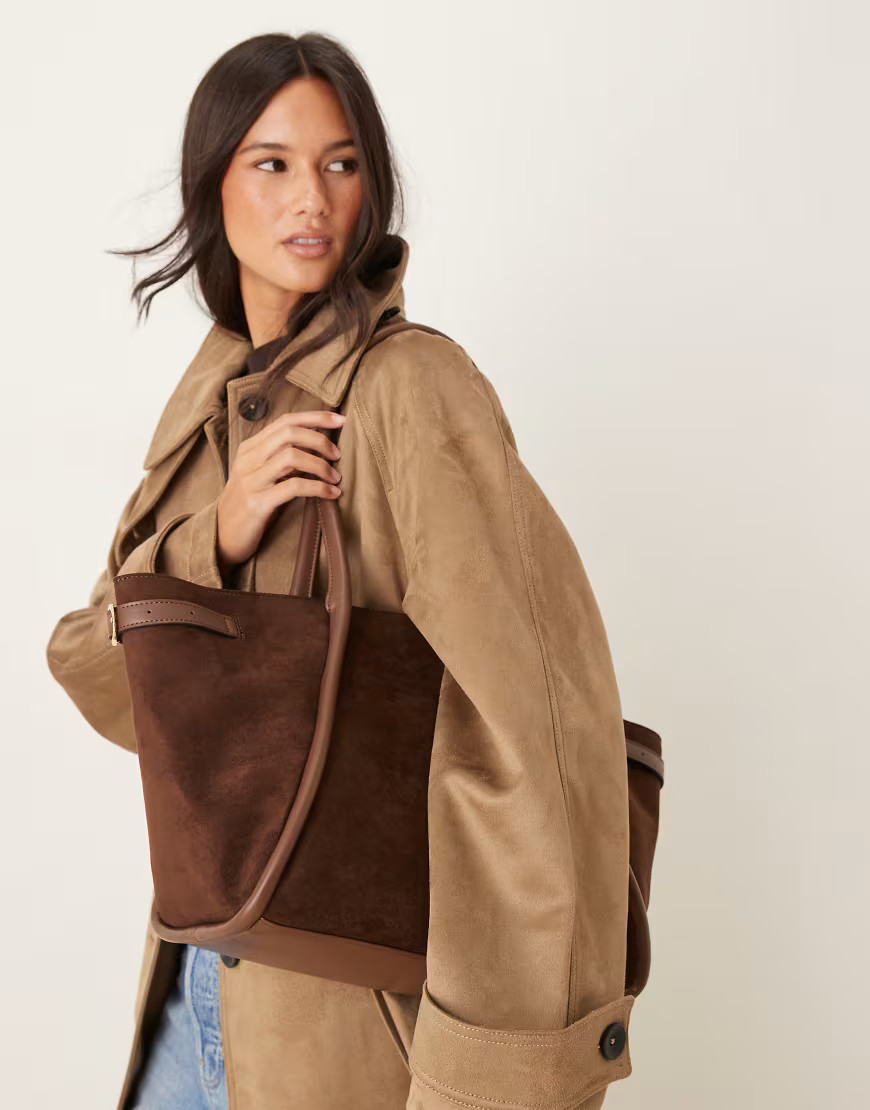 ASOS DESIGN faux suede belted tote bag in chocolate-Brown | ASOS (Global)