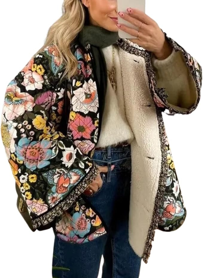 Womens Cropped Quilted Lightweight Jackets Floral Printed Open Front Puffer Coat Cardigan | Amazon (US)