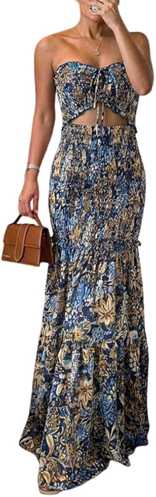 CHICME Floral Printed Prom Dress Tie Ruched Shirred Bandeau Party Dress Slim Fit Ruffle Hem Vacat... | Amazon (US)