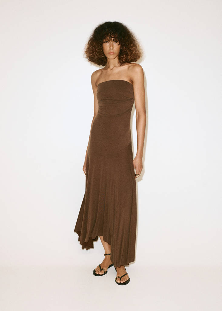 Asymmetrical hem strapless dress brown - Women - 6 - MANGO | Mango (US/MX/AU)