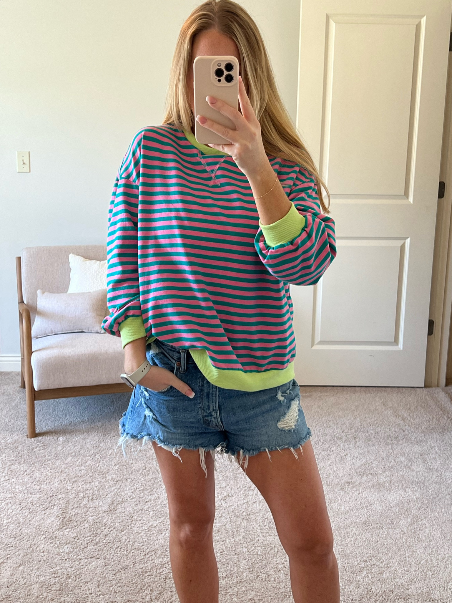 OOTD! I just think the sweatshirt is so fun! It is from Amazon, and my shorts are from Abercrombie and Fitch!
Casual outfit, summer outfit, comfortable, running errands, mom life, A&F, jean shorts, denim, cutoffs, striped

#LTKfindsunder50 #LTKover40 #LTKSeasonal