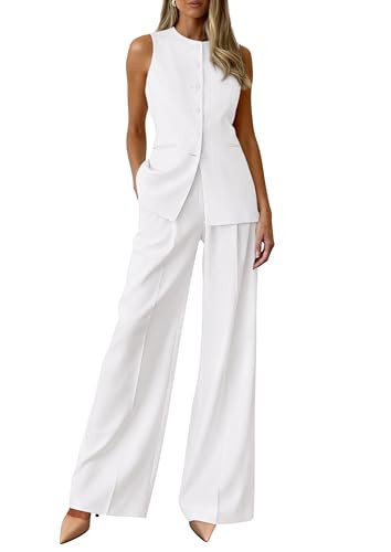 PRETTYGARDEN Women's 2 Piece Sets Summer 2026 Work Clothes Sleeveless Blazer Vest Pants Suits Spring Business Casual Outfits (White,Medium) | Amazon (US)